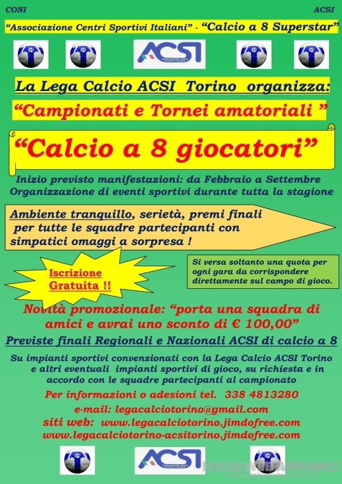 Campionato di calcio a 8 con iscrizione gratuita da Ottobre 2024 in Torino